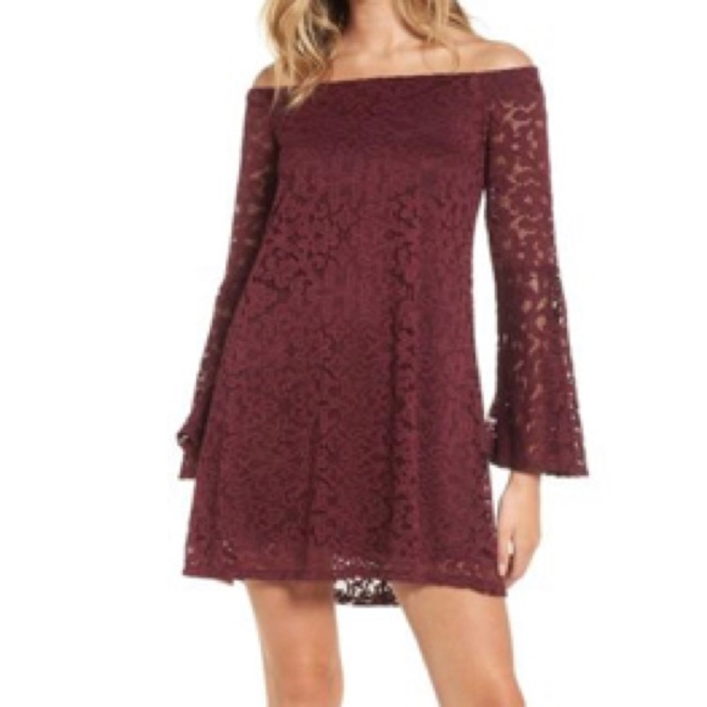 As U Wish Off the Shoulder Maroon Lace Dress